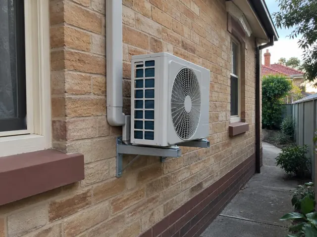 Wall-mounted outdoor air conditioner unit beside a brick house and narrow side path in Kilburn